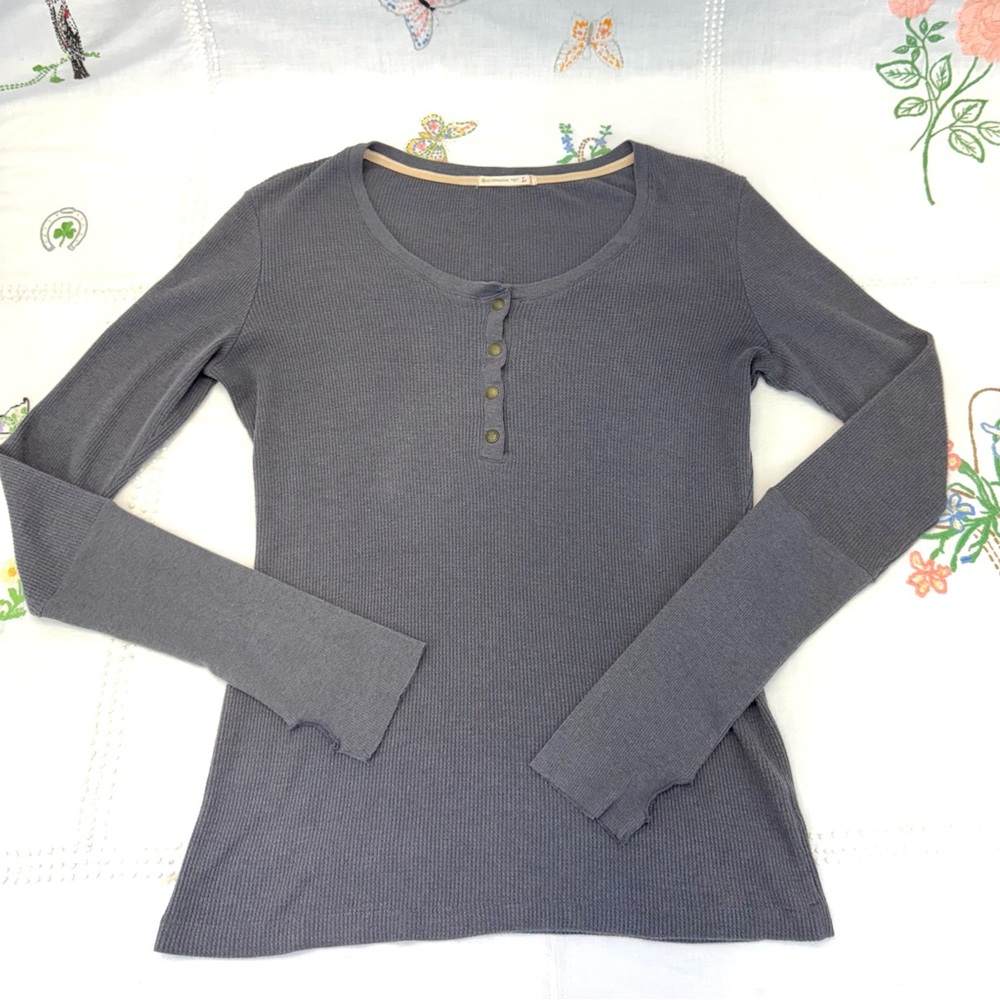 Alternative Apparel Large Gray Thermal Henley Top Thumb Holes Contrast Knit Eco